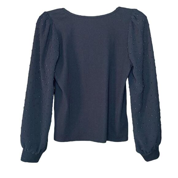 Self Esteem Polka Dot Sheer Long Sleeve Top Ribbed Square Neckline Puff Sleeves - Picture 2 of 5